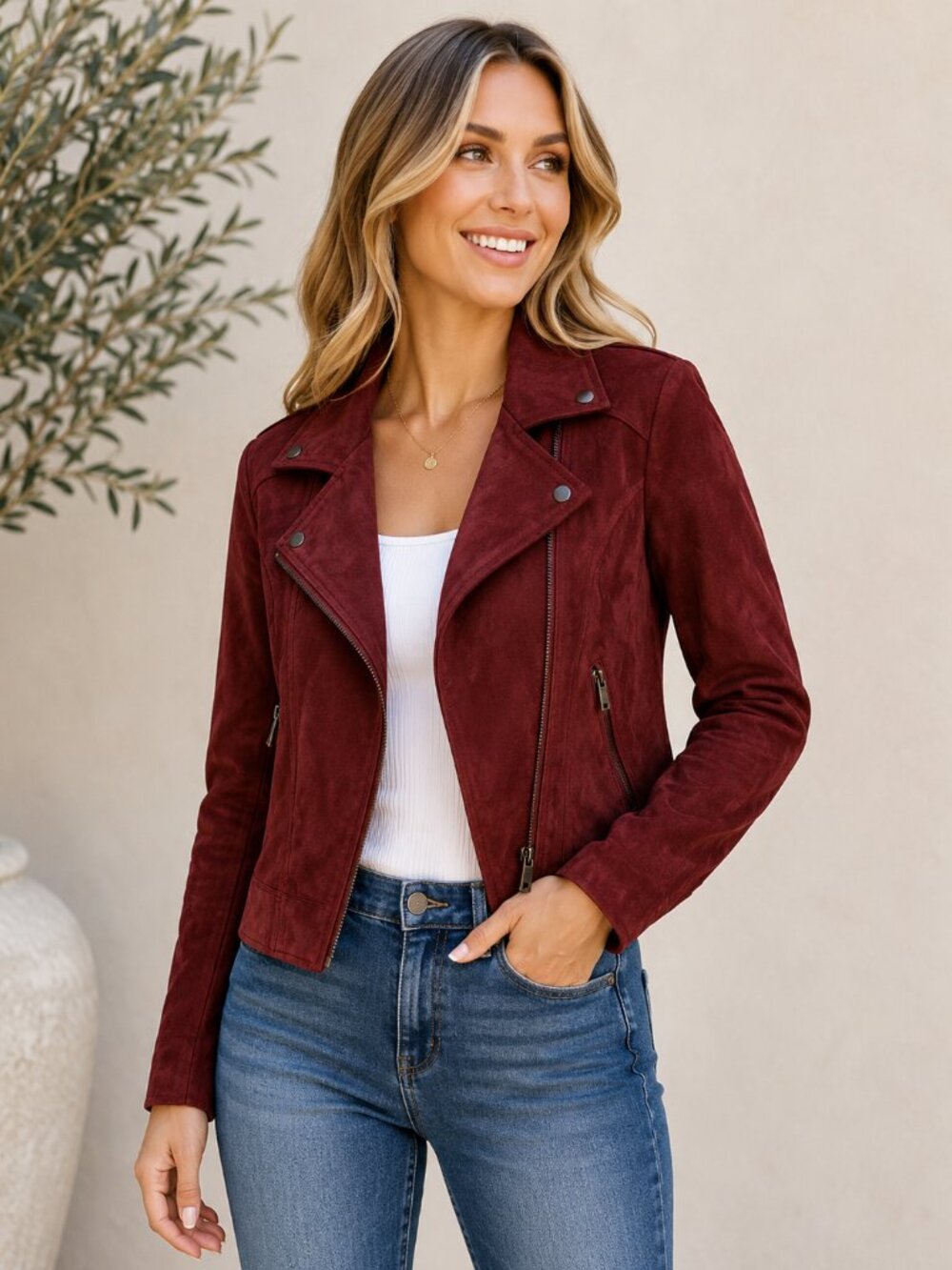 KUT From The Kloth Burgundy Faux Suede Moto Jacket XS Asym Zip